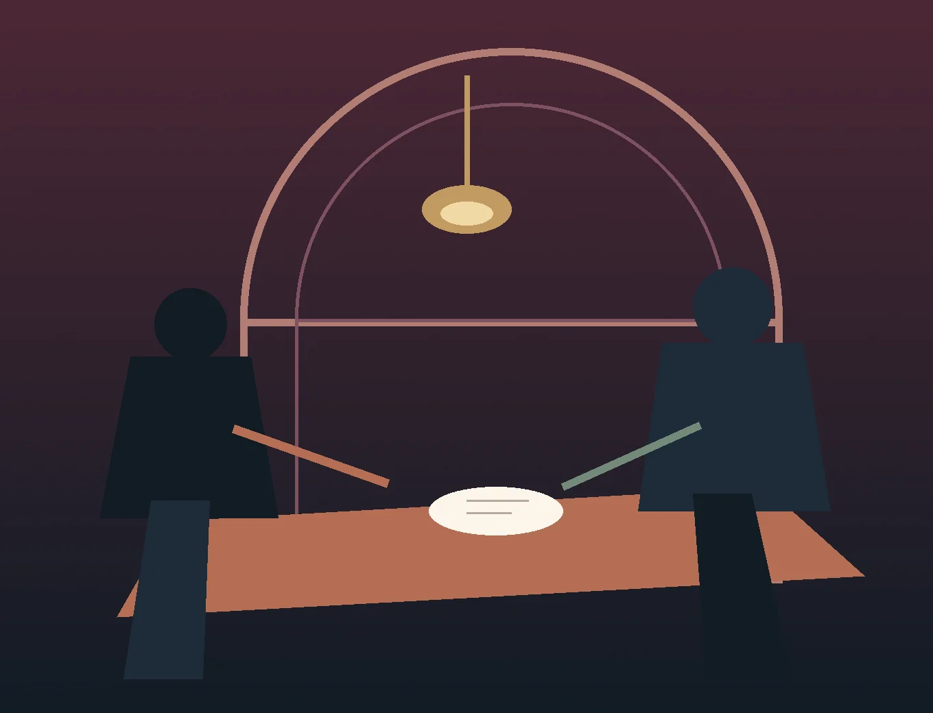 Deux silhouettes face à face sous une lampe, une feuille ronde posée sur la table.