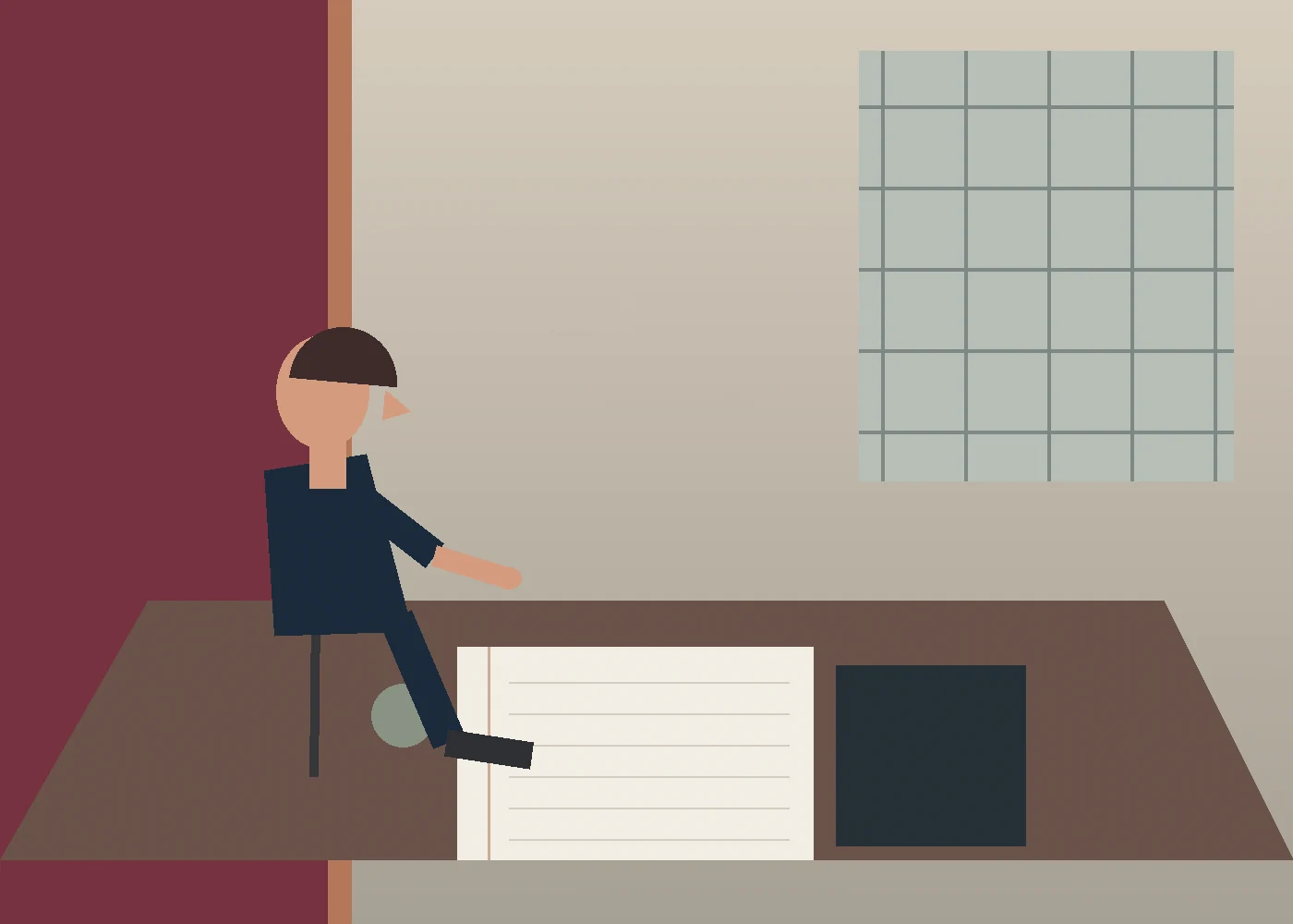 Personne assise à une table, une feuille lignée devant une fenêtre quadrillée.