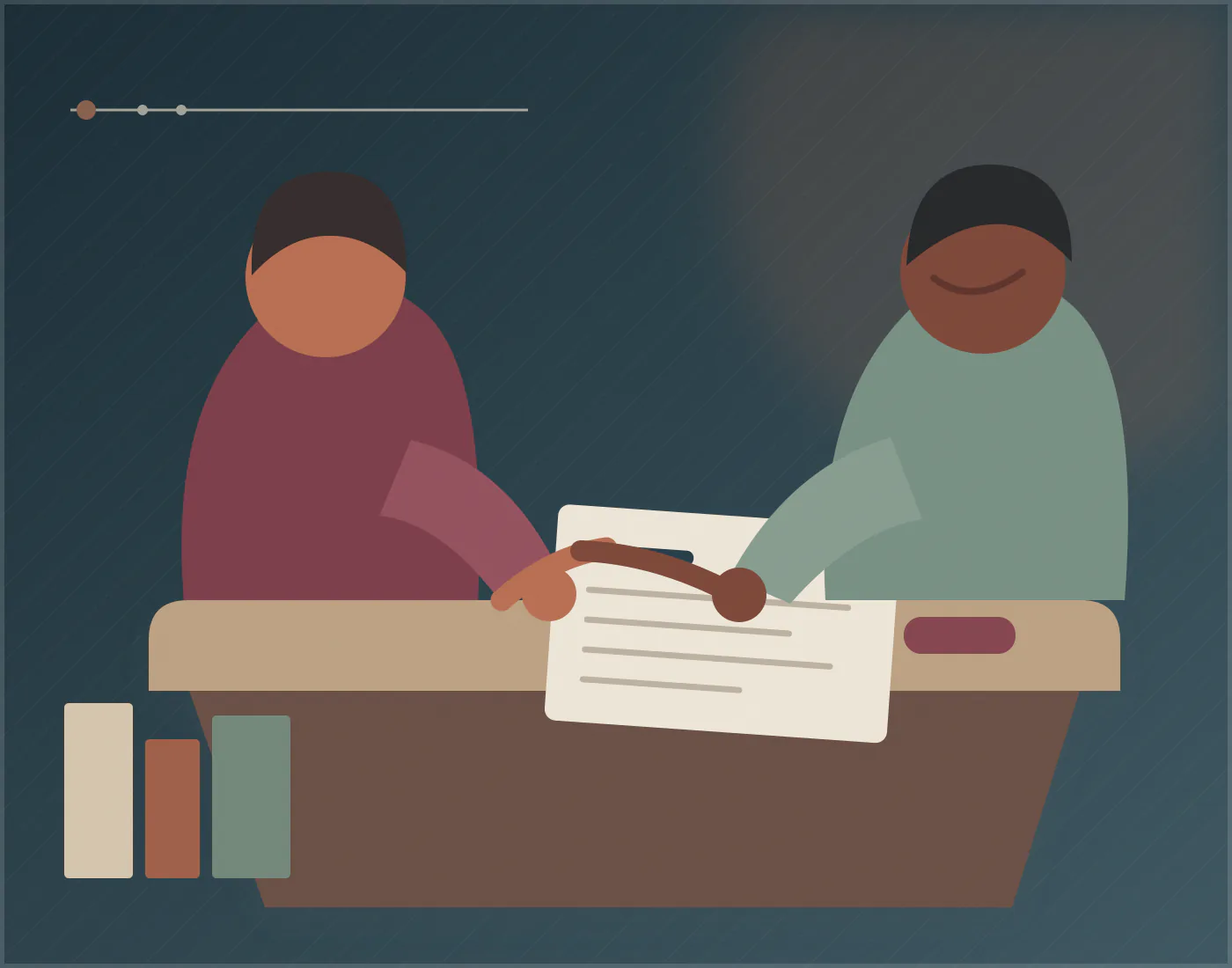 Deux personnes de part et d’autre d’un bureau, une feuille entre leurs mains.